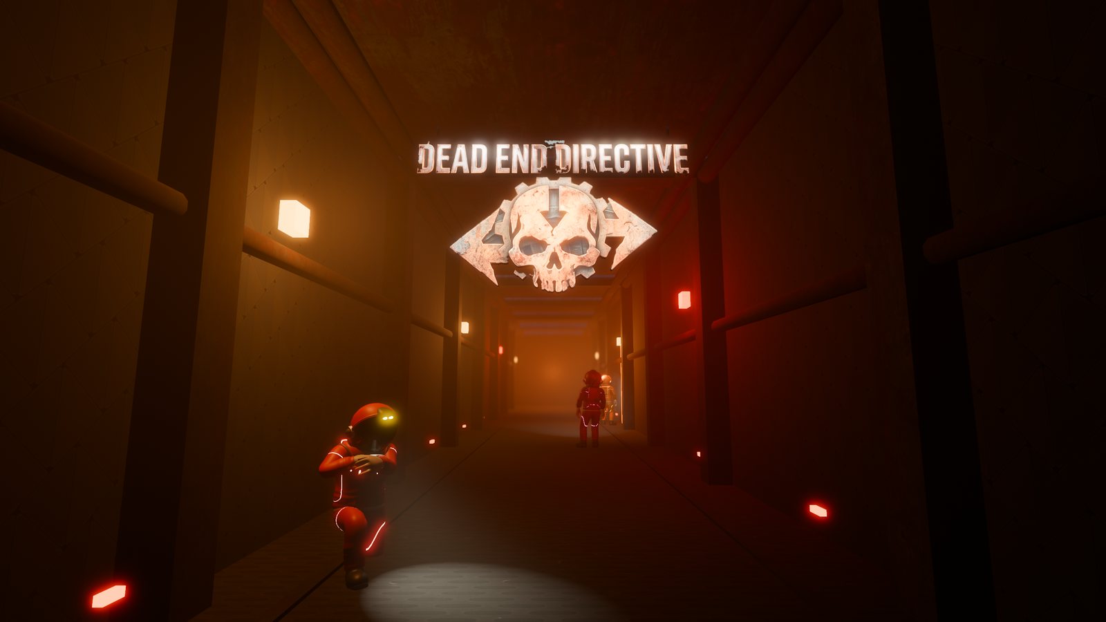 In-game view of a facility corridor: an operative reading a wrist unit in the foreground, two more further down the hall, beneath a hanging Dead End Directive plaque.